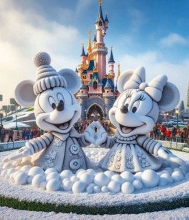 Mickey and Minnie Mouse in winter clothes at castle with snow