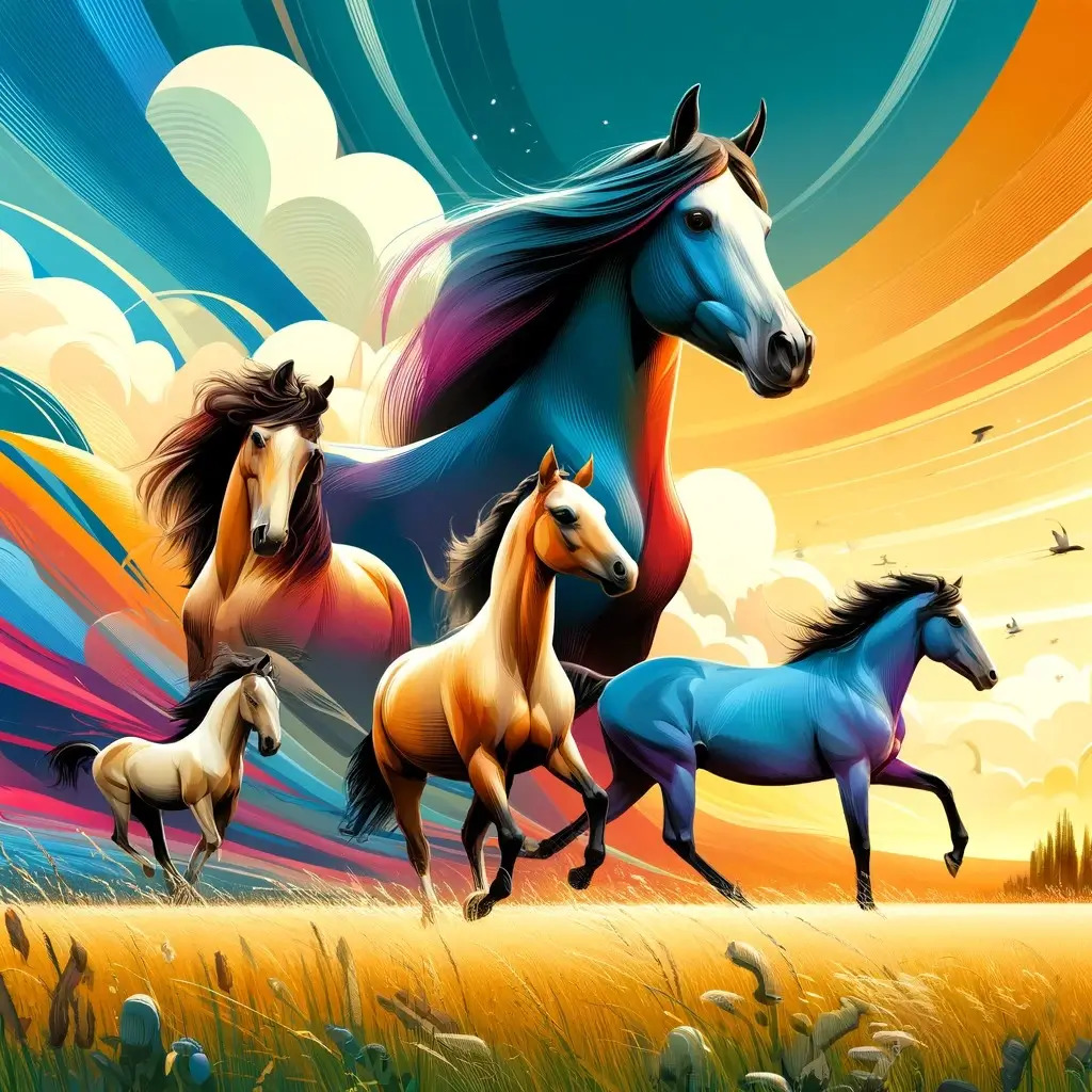 Colorful stylized horses running in golden field under rainbow swirled sky with orange and blue rays