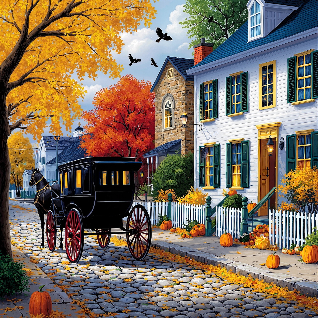 Autumn Town Horse Carriage Scene