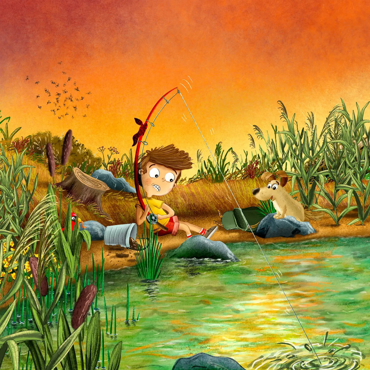 Illustrated boy fishing from wooden boat in green pond with reeds and orange sunset sky
