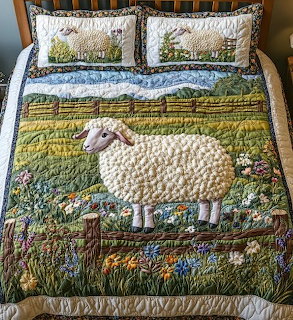 Quilt with appliquéd white lamb in a flower-filled meadow, displayed on a bed with matching pillow shams.