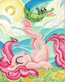 Colorful illustration of pink pony Pinkie Pie lying on grass with green alligator Gummy floating above