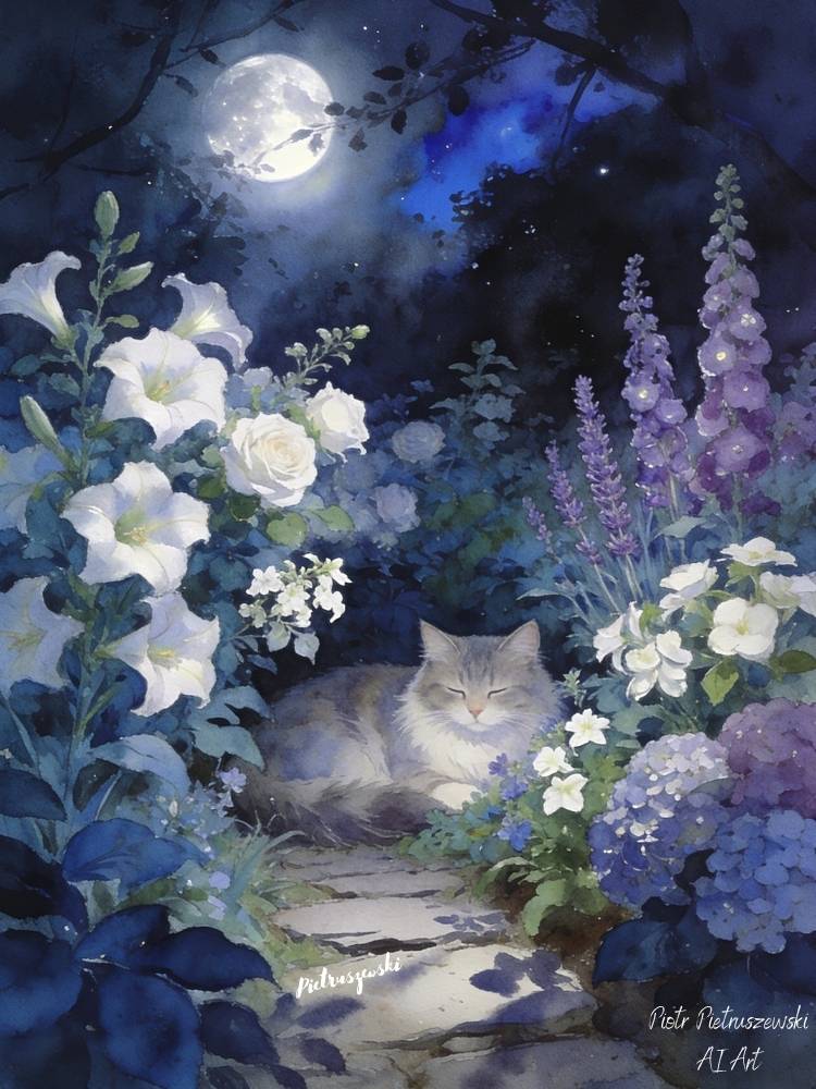 Gray cat sitting in a moonlit garden surrounded by white and purple flowers