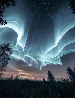 Aurora borealis glowing in a starry night sky above silhouetted trees and grass