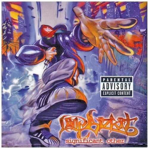 Limp Bizkit Significant Other album cover with crouching figure in red cap against purple graffiti background