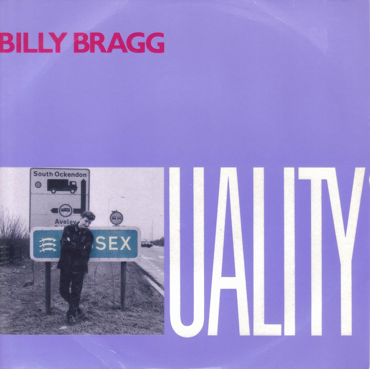 Billy Bragg Sexuality album cover with large white text on purple and a small black-and-white photo