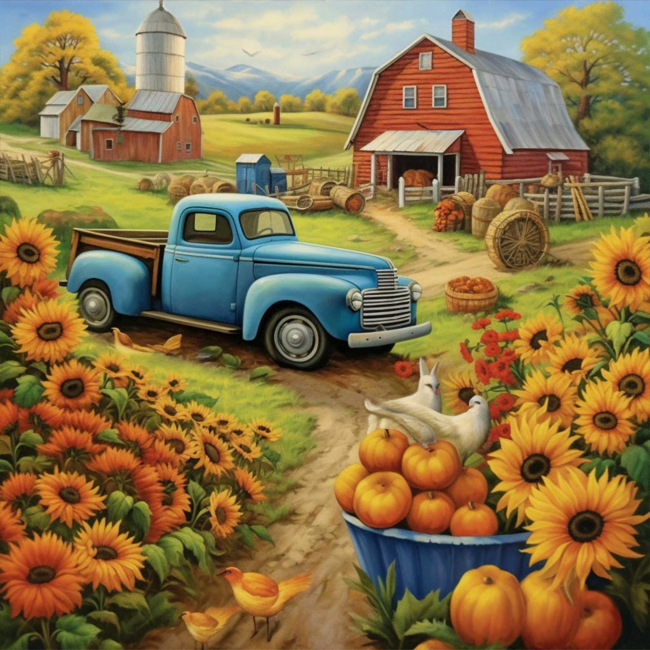 Painted countryside farm scene with blue vintage truck, red barn, sunflowers, pumpkins, and chickens on dirt path