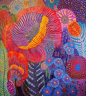 Abstract floral artwork with colorful poppies, swirling patterns, and intricate dot work in vivid reds, purples, and blues