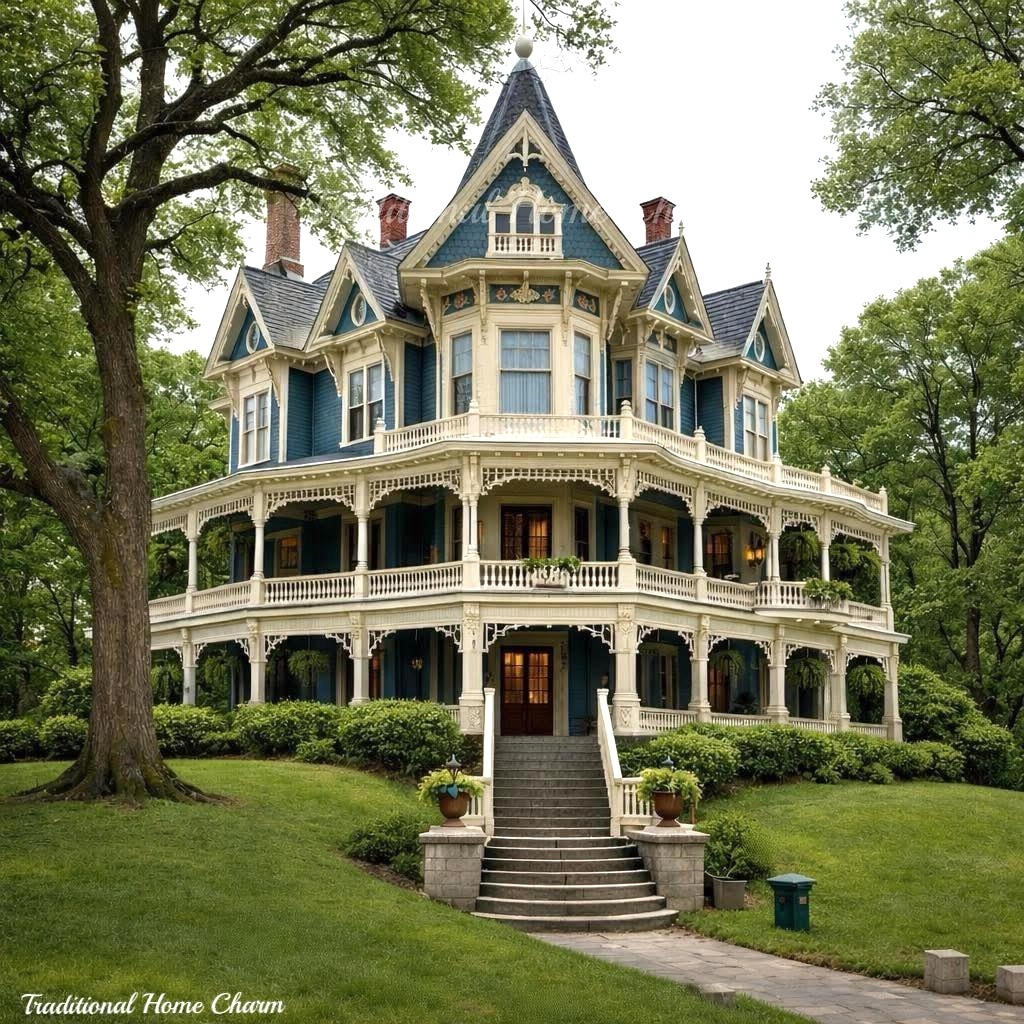 Ornate Victorian house with wraparound porches, front steps, lawn, and tall trees