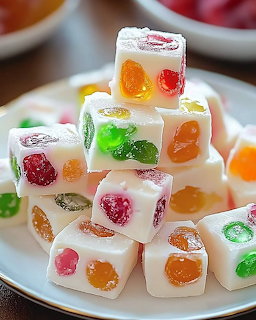 Stack of colorful Turkish delight candy cubes with embedded fruit pieces on white plate