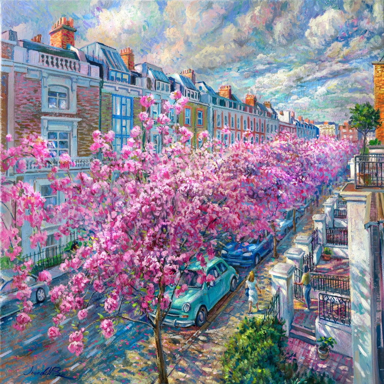 Painting of a city street with pink blossom trees, parked cars, and townhouses in spring
