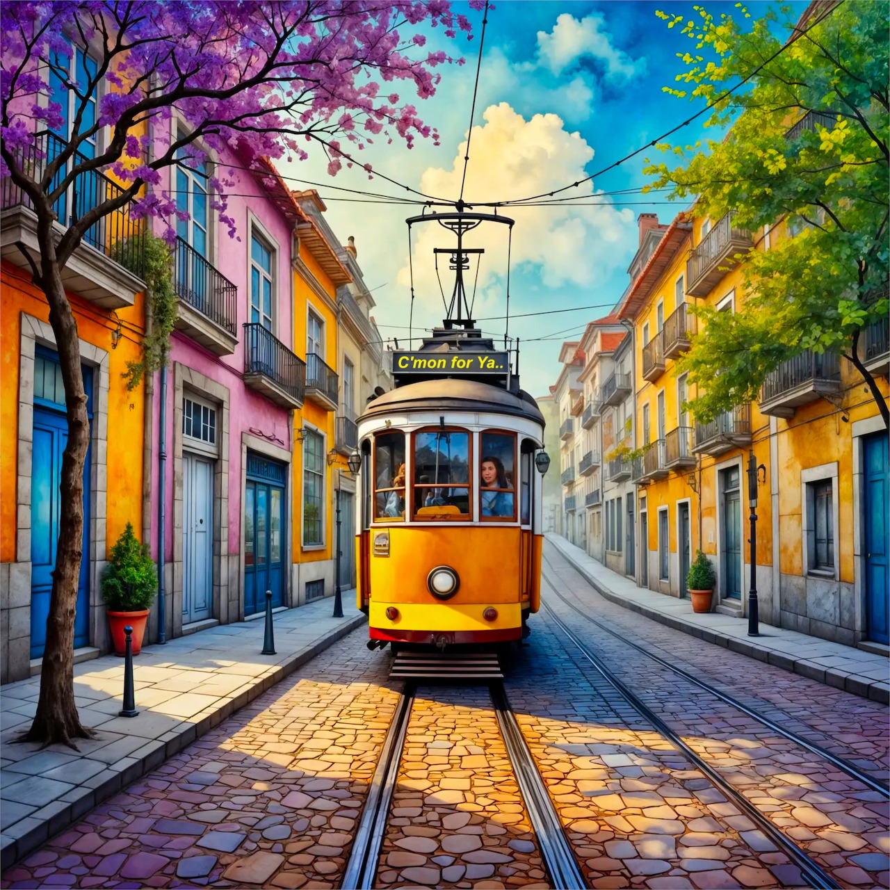 Yellow vintage tram on cobblestone street between colorful buildings with purple and green trees