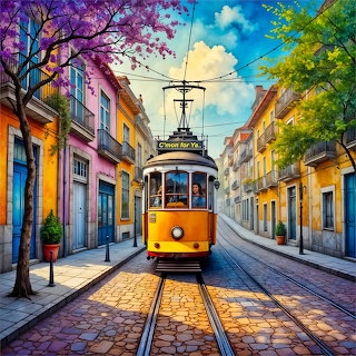 Yellow Tram on Colorful Street
