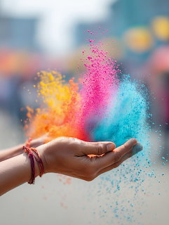 Open hand releasing colorful Holi powder in pink, yellow, and blue against a blurred background