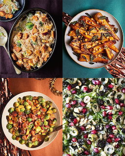 Collage of four Christmas side dishes including caserole, roasted carrots, brussels sprouts, and fresh salad
