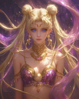 Digital art of Princess Serenity from Sailor Moon with blonde twin tails, gold tiara, and purple jeweled outfit