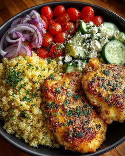 Bowl with herb chicken, quinoa, tomatoes, cucumber, feta and onion