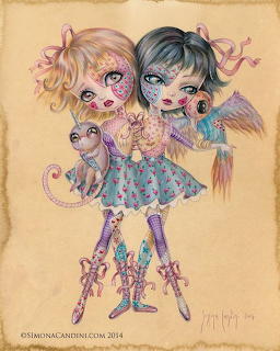 Anime illustration of two chibi girls with pastel hair holding small dragons on vintage paper