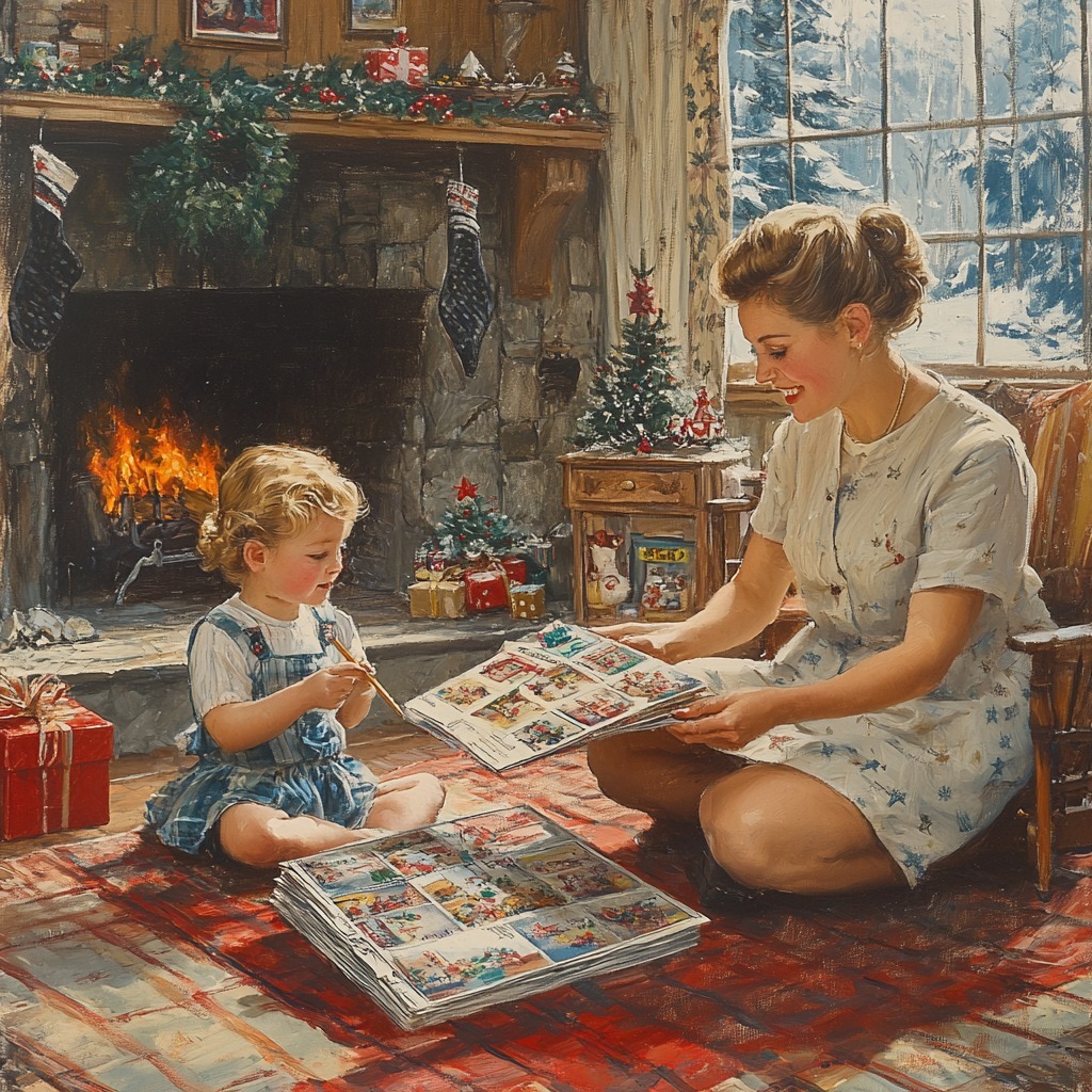 Mother and child reading books by fireplace on Christmas morning