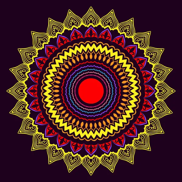 Colorful geometric mandala with concentric circles and ornate petal patterns on purple background