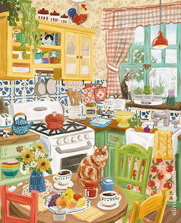 Colorful illustration of a cozy country kitchen with yellow cabinets, plants, and rustic decor