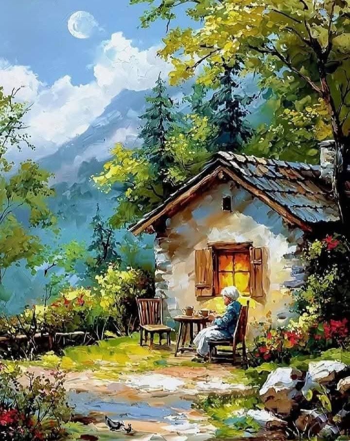 Oil painting of a person resting outside a stone cottage with trees, flowers, and a moonlit mountain backdrop.