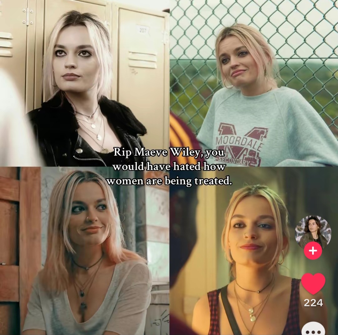 Collage of four portraits of a blonde young woman with subtitle text and social media icons
