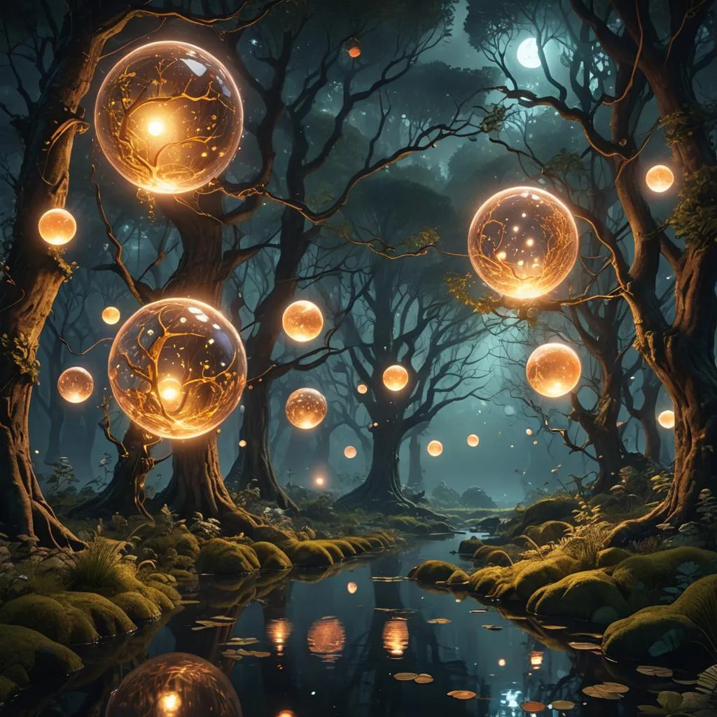 Dark enchanted forest with glowing golden orbs floating among twisted trees above a reflective stream at night