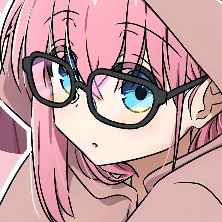 Anime character with pink hair, blue eyes, and black glasses in close-up