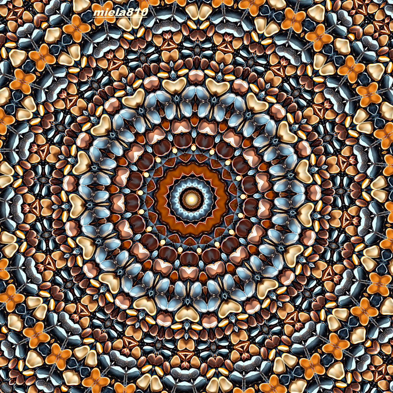 Circular mandala pattern made of colorful stones radiating from center in concentric rings