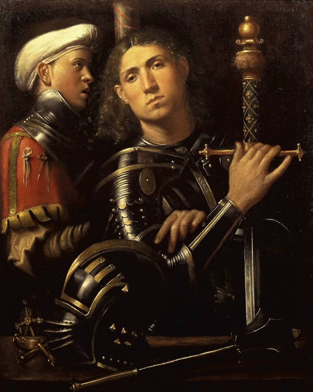 Renaissance painting of an armored knight with sword and a young squire in red behind him