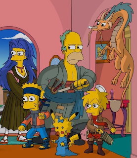 Simpsons characters in cosplay costumes including Homer, Marge, Bart, Lisa and Maggie with fantasy and game character outfits
