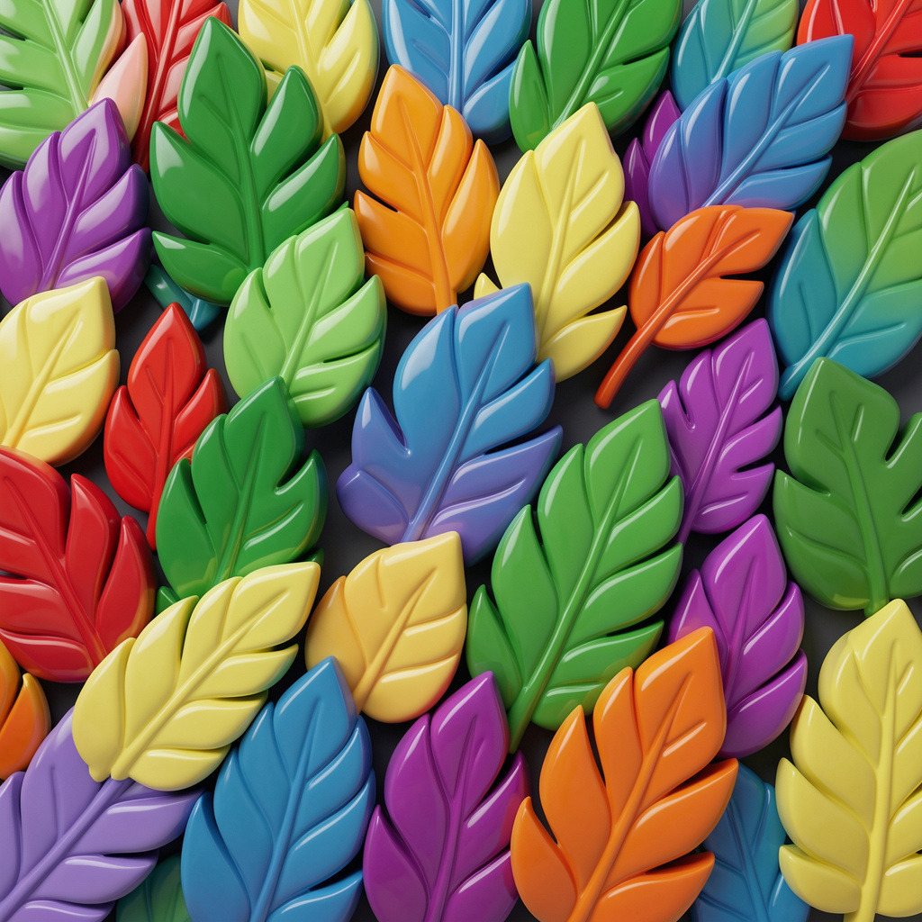 Colorful stylized 3D leaves overlapping in a bright decorative pattern