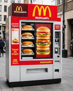 Red vending machine with burger images on display panel, located on city street