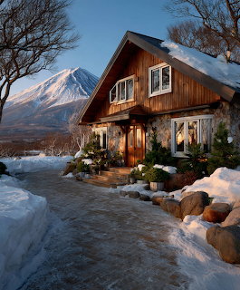 Wooden chalet in snowy garden with illuminated mountain peak in background at sunset