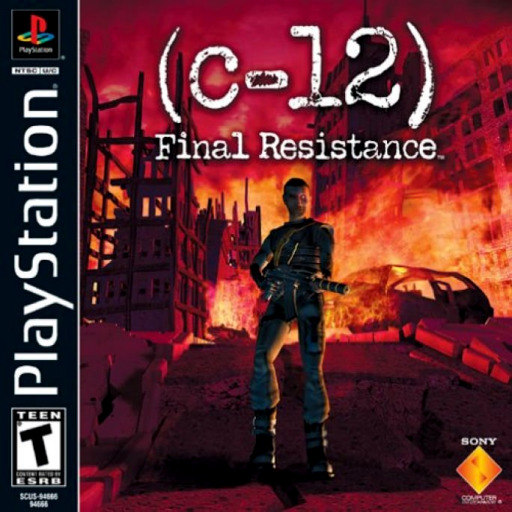 PlayStation game cover for C-12 Final Resistance with a figure standing in a burning city street