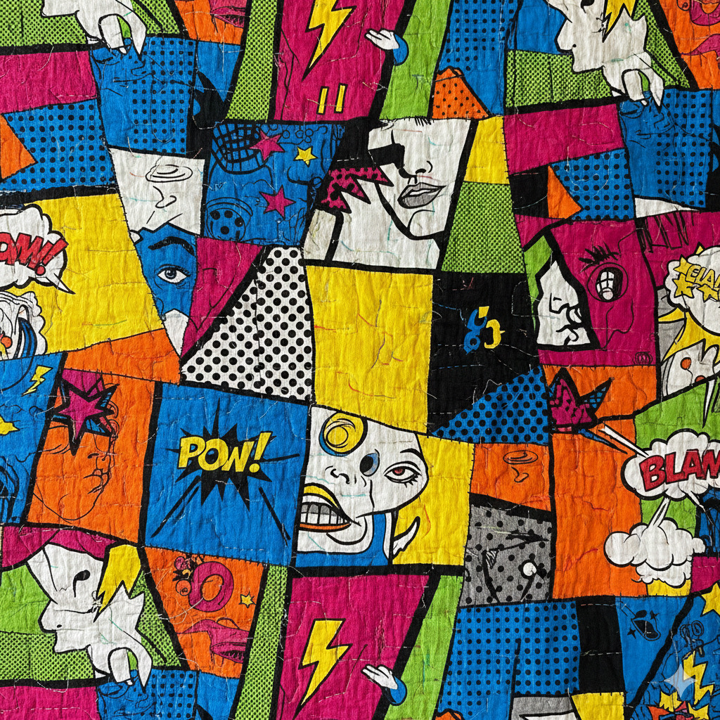 Colorful patchwork quilt with comic book style panels showing speech bubbles, lightning bolts, and pop art graphics