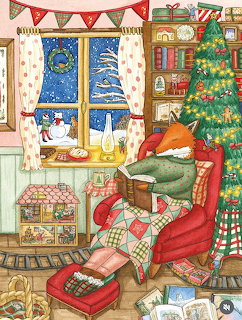 Cozy living room illustration with Christmas tree, armchair, and snowy window view with festive holiday decorations