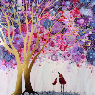 Watercolor painting of colorful tree with purple and pink leaves above two silhouetted figures