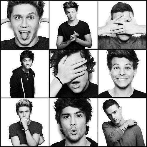 Black-and-white collage of One Direction members in nine photo booth-style portraits