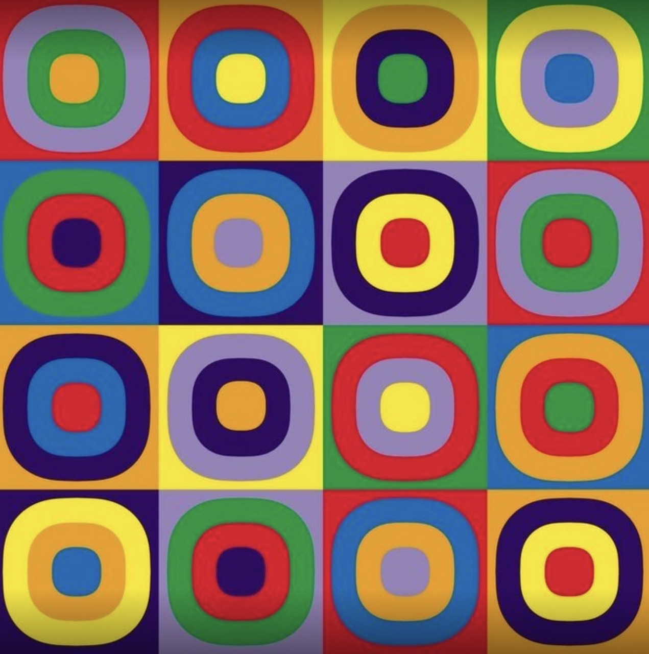 Grid of 16 squares with colorful concentric circles in red, blue, yellow, green, orange, and purple