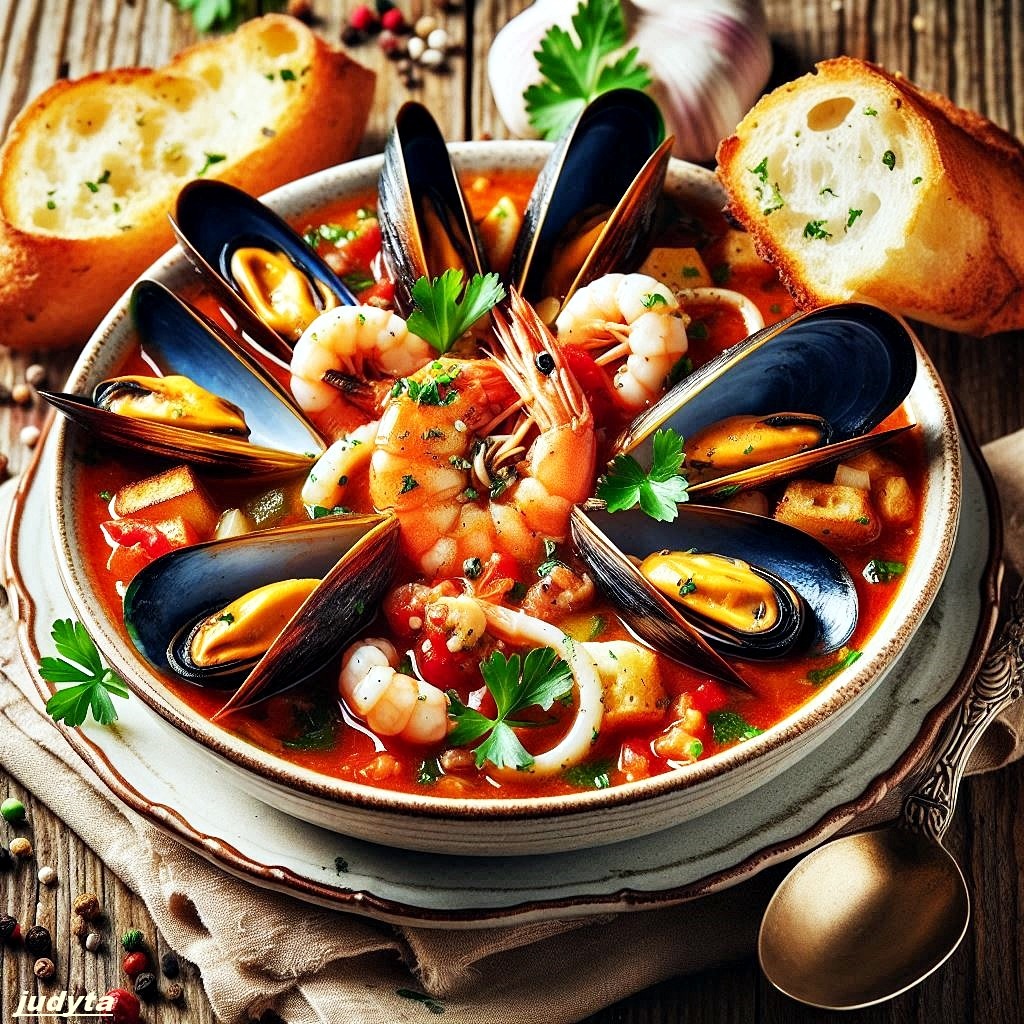 Bowl of seafood stew with mussels, shrimp, and calamari in tomato broth with garlic bread on wooden table