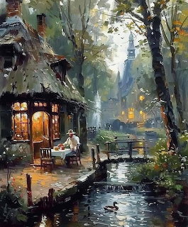 Painting of a quaint thatched bistro by a forest stream with a seated figure and warm glowing lights