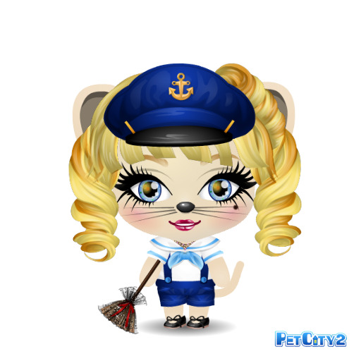 Cartoon cat with blonde curls in a blue sailor outfit holding a small broom