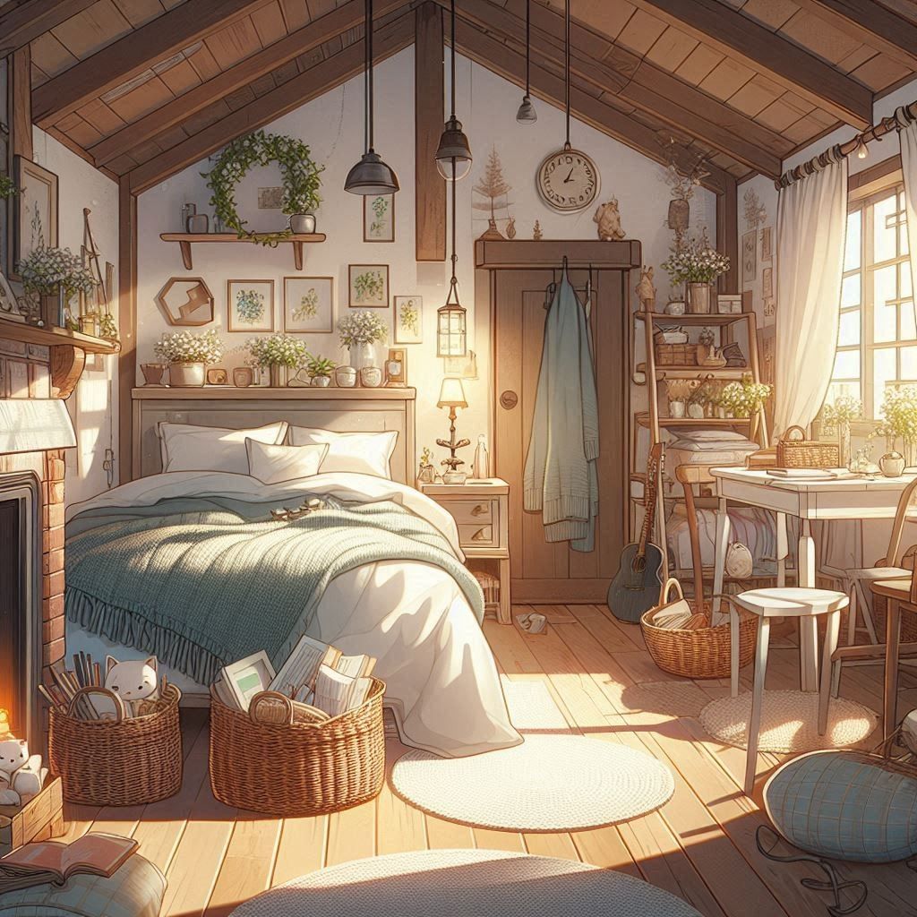 Cozy anime bedroom with vaulted wood ceiling, bed, plants, and warm sunlight
