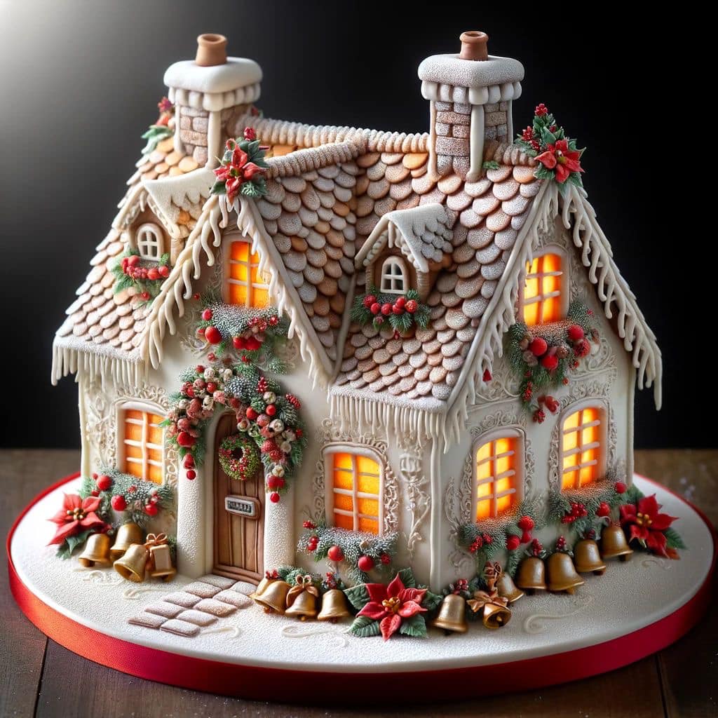 Decorated gingerbread house with white icing, candy accents, glowing windows, and Christmas wreaths