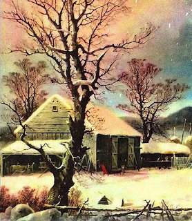 Snow-covered farmhouse with bare tree and colorful winter sky