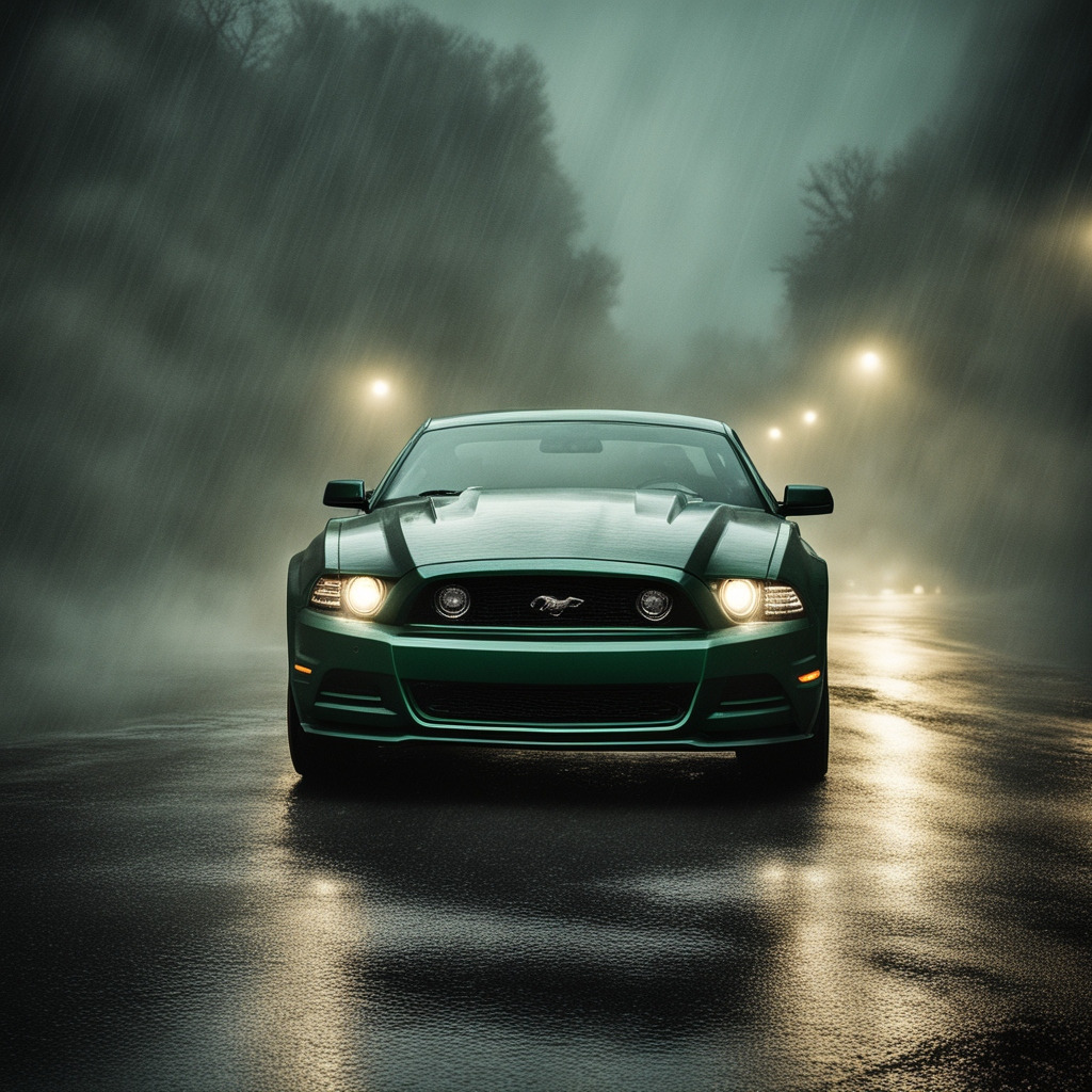 Ford Mustang on wet rainy road with headlights glowing in foggy dusk atmosphere