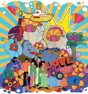 Colorful psychedelic Yellow Submarine cartoon illustration with characters, flowers, and vibrant pop art style