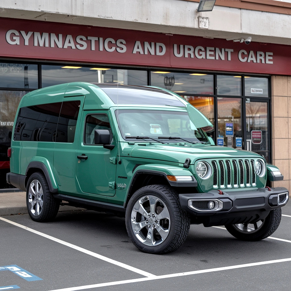 Mint green Jeep SUV parked in front of a commercial building with gymnastics and urgent care signage